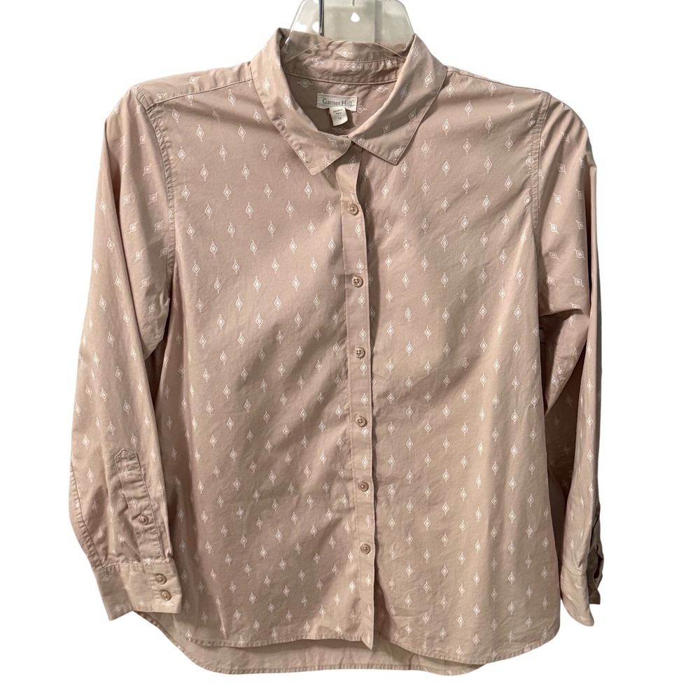 Garnet Hill Button Down Beige Geometric Aztec Print Organic  Pima Cotton SZ 12